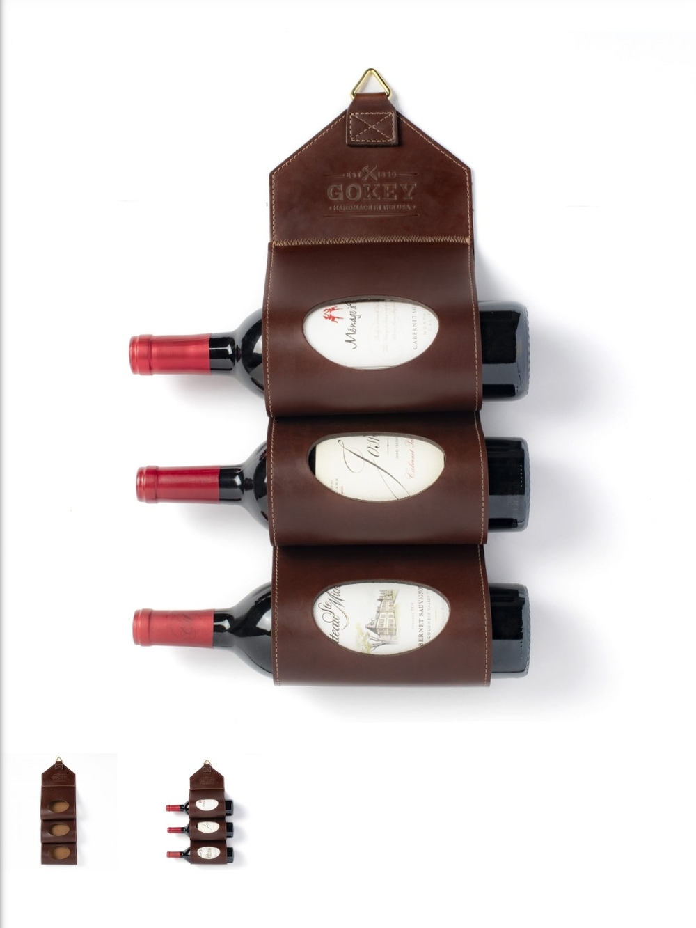 Gokey Brown Leather 3-Bottle Wall Wine Rack